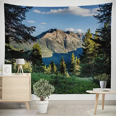 Yellowstone Decor Tapestry, Fog on River Alpine Trees by the Bank  Wilderness Waterscape Picture Art, Wall Hanging for Bedroom Living Room  Dorm Decor, 60W X 80L Inches, Green Blue, by Ambesonne 