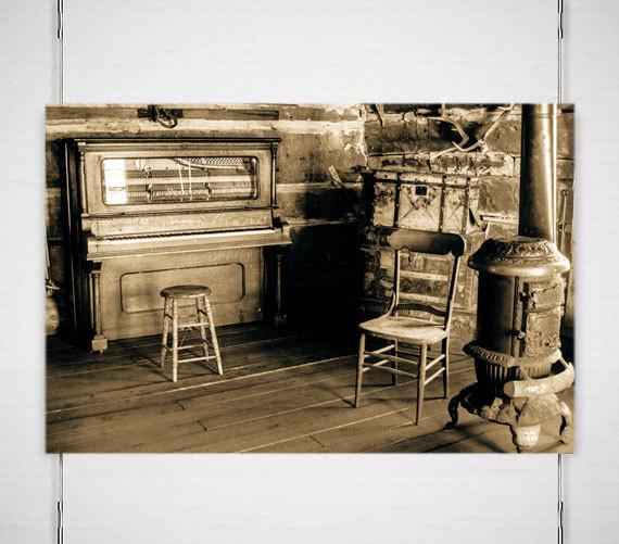 Family Piano 19th Century Cabin Interior Rustic Art Print -