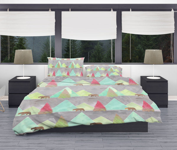 Modern Rustic Bears in Forest Duvet Cover / Comforter Queen