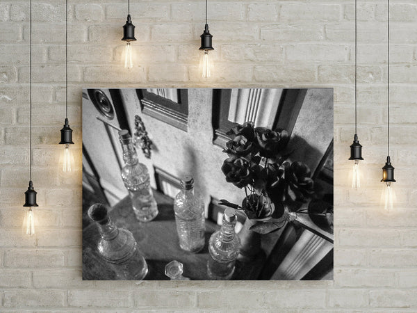 Gothic Still Life Print Bottles and Black Roses Grainy Film