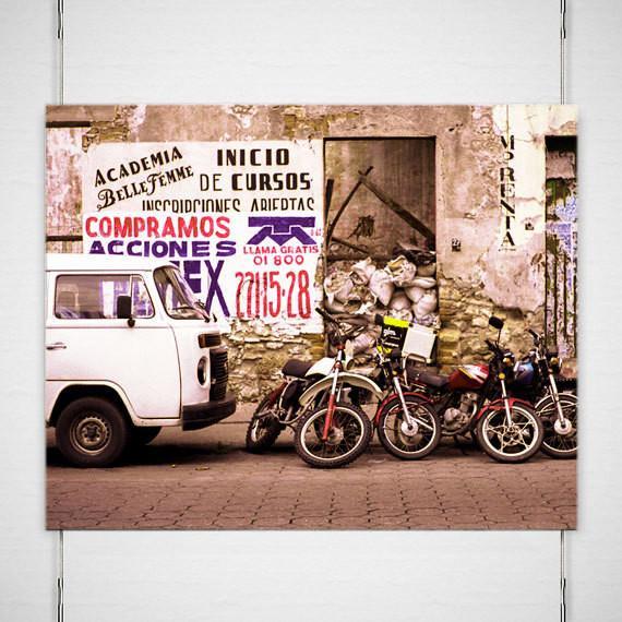 Motorcycles and Van Puebla Mexico Modern Art Print -