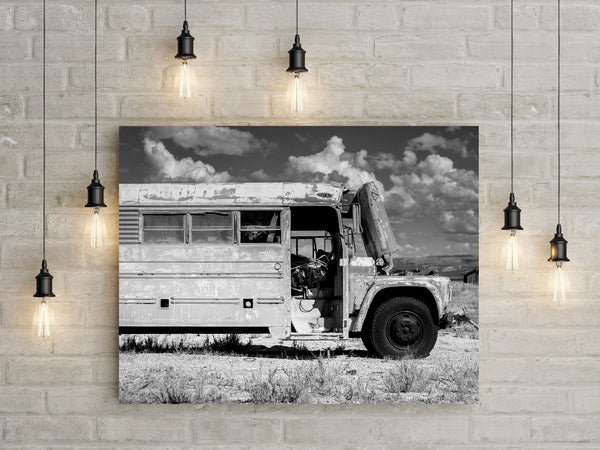 Utah Abandoned School Bus Black and White Photo Print -