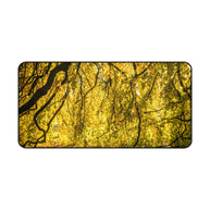 Golden Autumn Forest Desk Mat, Sunlit Tree Canopy Gaming Mouse Pad, Extended Nature Keyboard Pad Scenic Workspace Decor