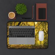Golden Autumn Forest Desk Mat, Sunlit Tree Canopy Gaming Mouse Pad, Extended Nature Keyboard Pad Scenic Workspace Decor