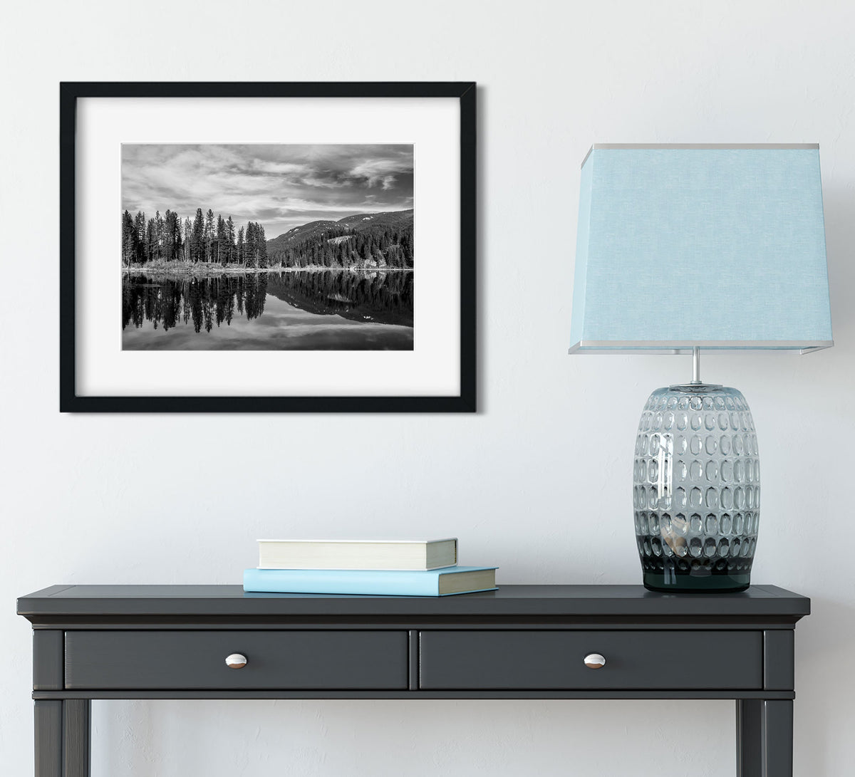 Skookum Lake Idaho Photography, Black and White Forest Reflection Art