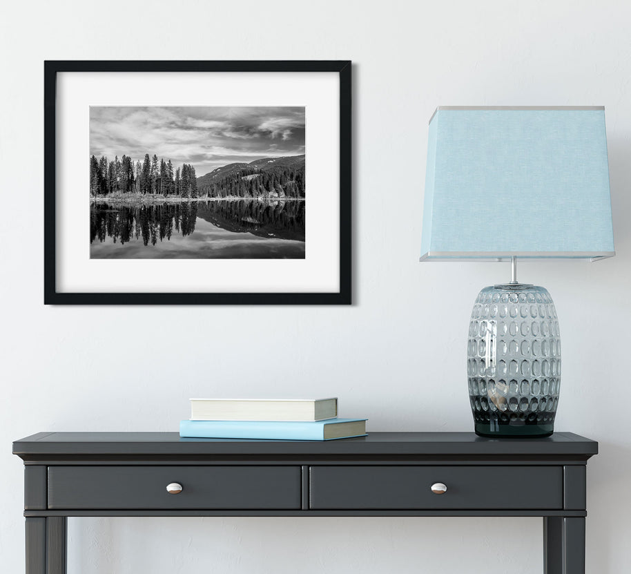Skookum Lake Idaho Photography, Black and White Forest Reflection Art