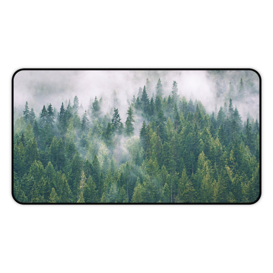 Foggy Forest Desk Mat - North Idaho Pine Woods Mouse Pad - Extended Nature Keyboard Mat - Misty Tree Workspace Decor