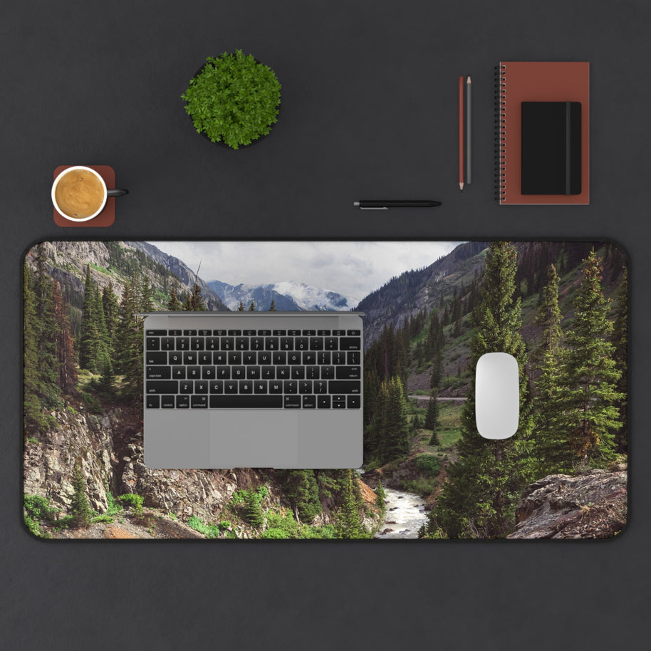 Mountain Canyon Desk Mat, Rushing River Pine Forest Gaming Mouse Pad, Desk mat for standing desk