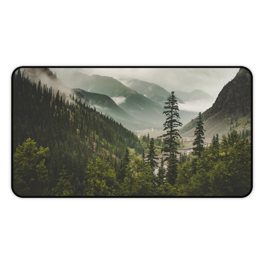 Mountain Valley Desk Mat - Foggy Pine Forest Mouse Pad - Standing Desk Nature Keyboard Mat