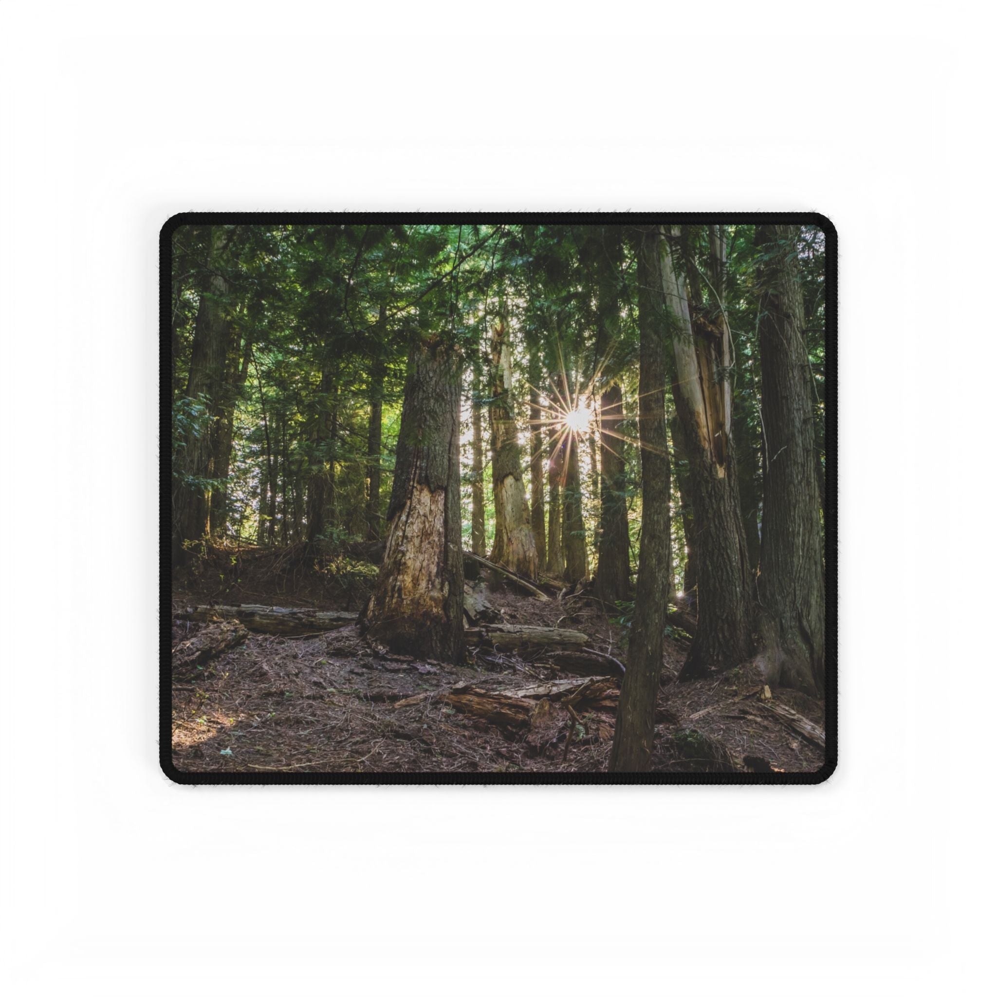 Cedar Forest Sunrise Desk Mat — Large Scenic Mouse Pad for Office & Gaming