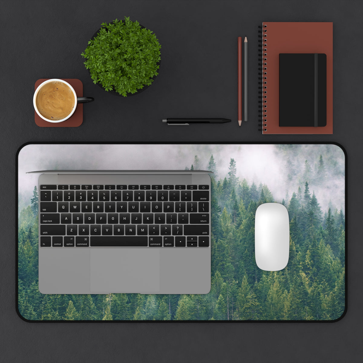 Foggy Forest Desk Mat - North Idaho Pine Woods Mouse Pad - Extended Nature Keyboard Mat - Misty Tree Workspace Decor