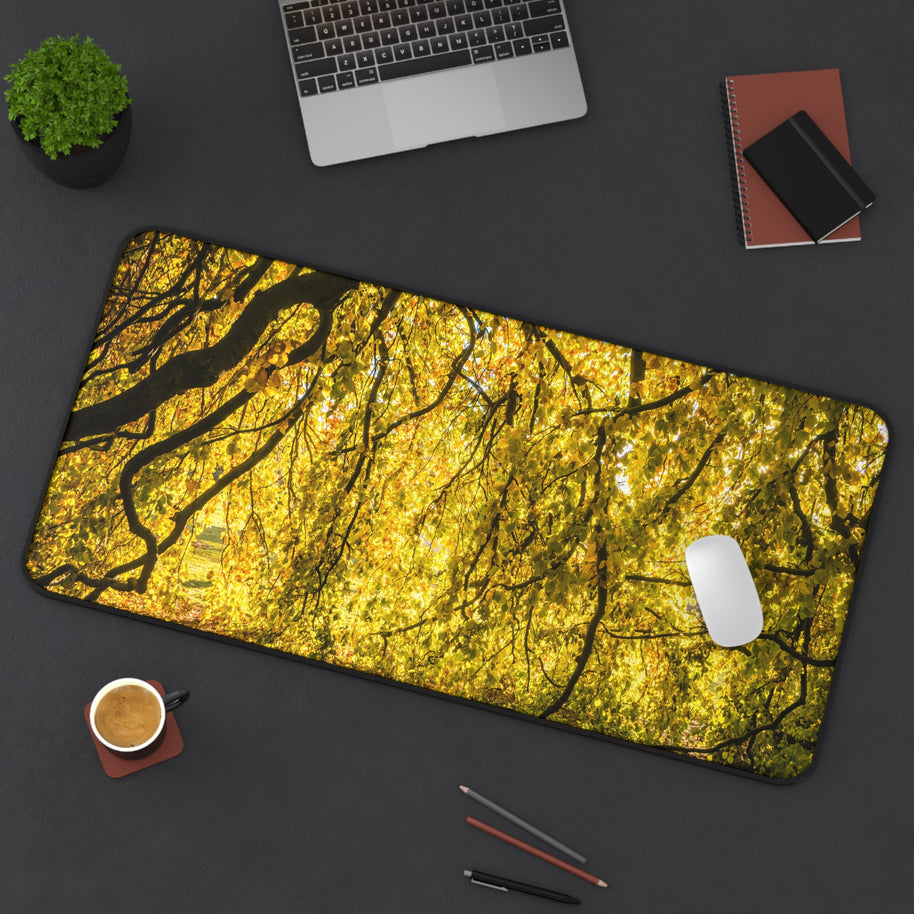 Golden Autumn Forest Desk Mat, Sunlit Tree Canopy Gaming Mouse Pad, Extended Nature Keyboard Pad Scenic Workspace Decor