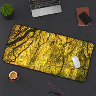 Golden Autumn Forest Desk Mat, Sunlit Tree Canopy Gaming Mouse Pad, Extended Nature Keyboard Pad Scenic Workspace Decor