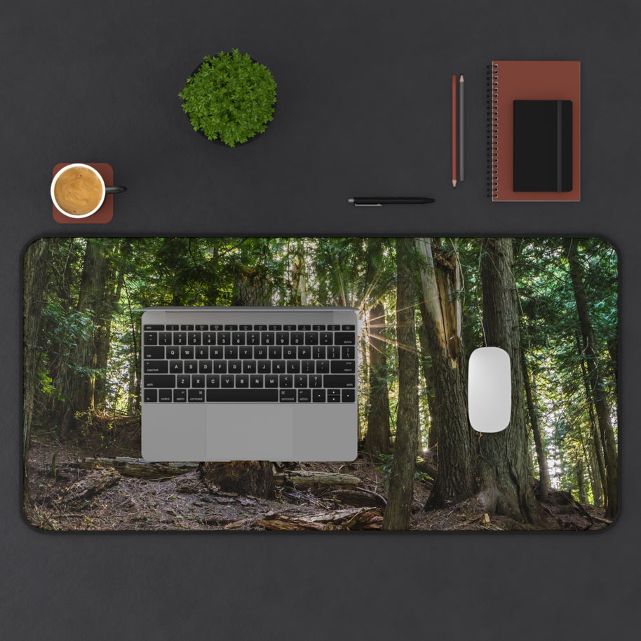 Cedar Forest Desk Mat - Sunlit Woods Gaming Mouse Pad - Extended Nature Keyboard Mat - Scenic Tree Workspace Decor