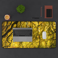 Golden Autumn Forest Desk Mat, Sunlit Tree Canopy Gaming Mouse Pad, Extended Nature Keyboard Pad Scenic Workspace Decor