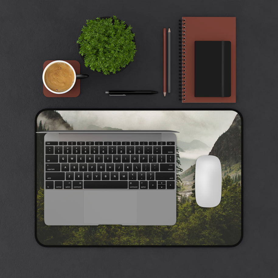 Mountain Valley Desk Mat - Foggy Pine Forest Mouse Pad - Standing Desk Nature Keyboard Mat