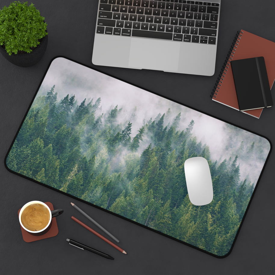 Foggy Forest Desk Mat - North Idaho Pine Woods Mouse Pad - Extended Nature Keyboard Mat - Misty Tree Workspace Decor