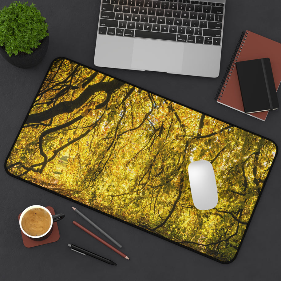 Golden Autumn Forest Desk Mat, Sunlit Tree Canopy Gaming Mouse Pad, Extended Nature Keyboard Pad Scenic Workspace Decor