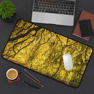 Golden Autumn Forest Desk Mat, Sunlit Tree Canopy Gaming Mouse Pad, Extended Nature Keyboard Pad Scenic Workspace Decor