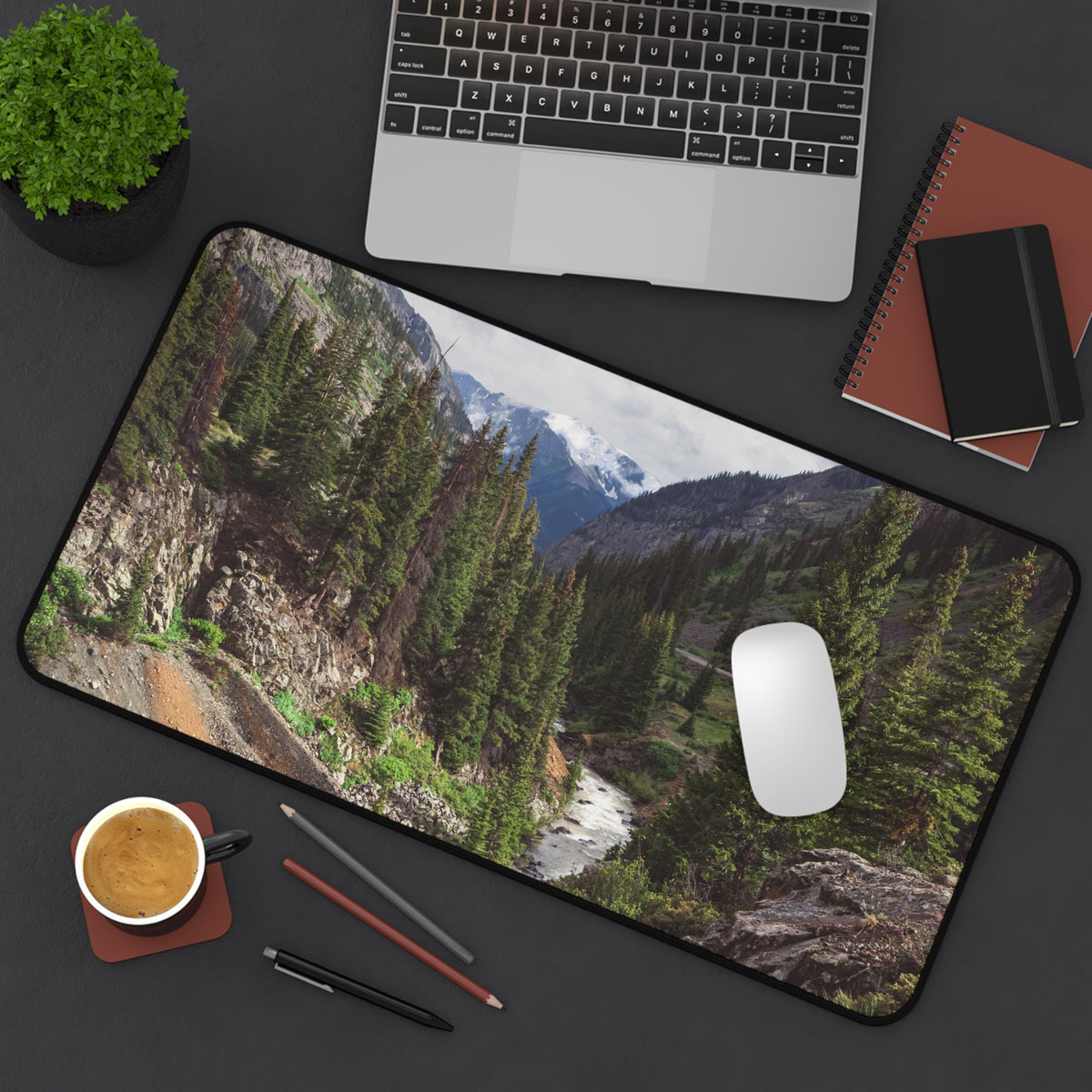 Mountain Canyon Desk Mat, Rushing River Pine Forest Gaming Mouse Pad, Desk mat for standing desk