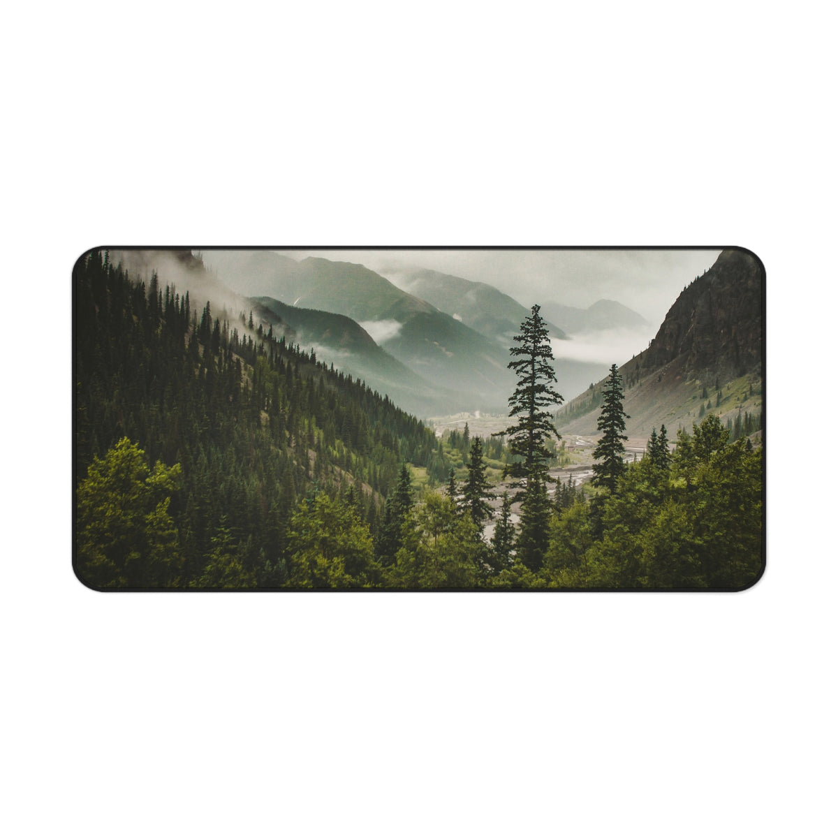Mountain Valley Desk Mat - Foggy Pine Forest Mouse Pad - Standing Desk Nature Keyboard Mat