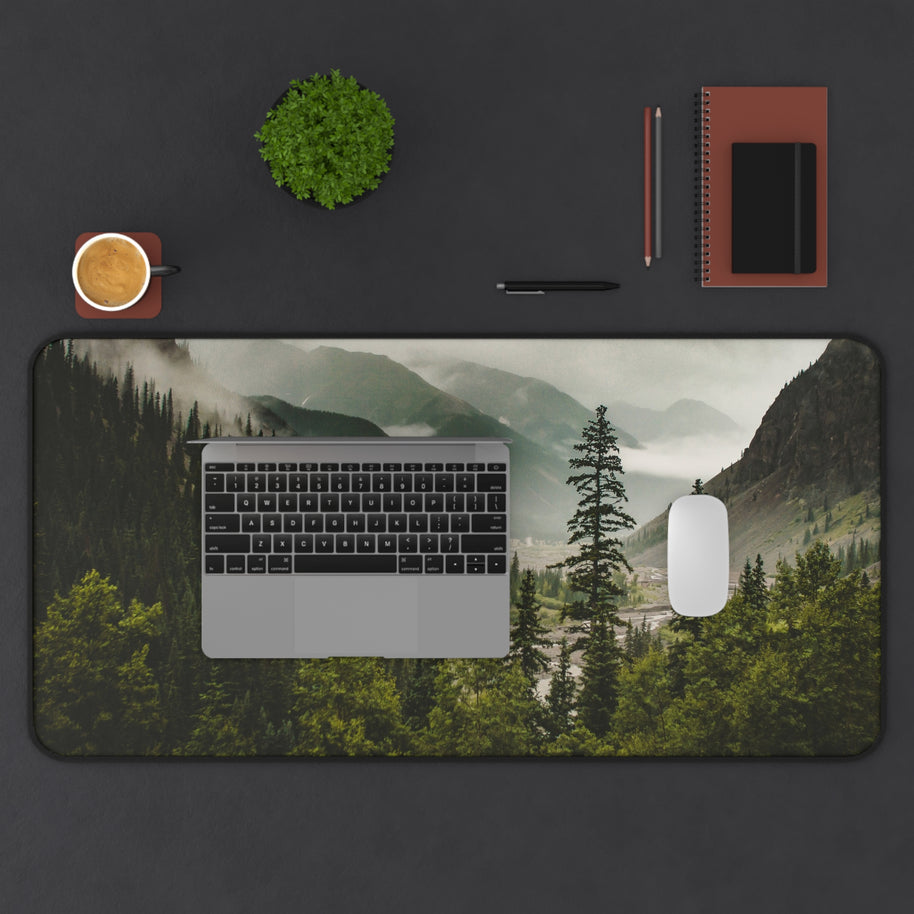 Mountain Valley Desk Mat - Foggy Pine Forest Mouse Pad - Standing Desk Nature Keyboard Mat