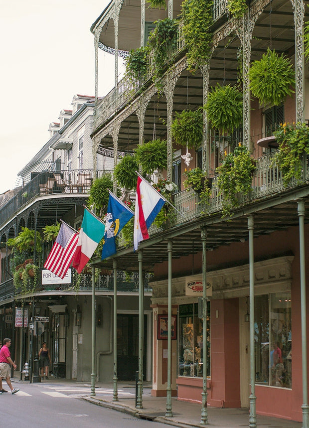 French Quarter Flags, New Orleans Photography, Lush Balconies, Hostel, Nola Travel Photo Print
