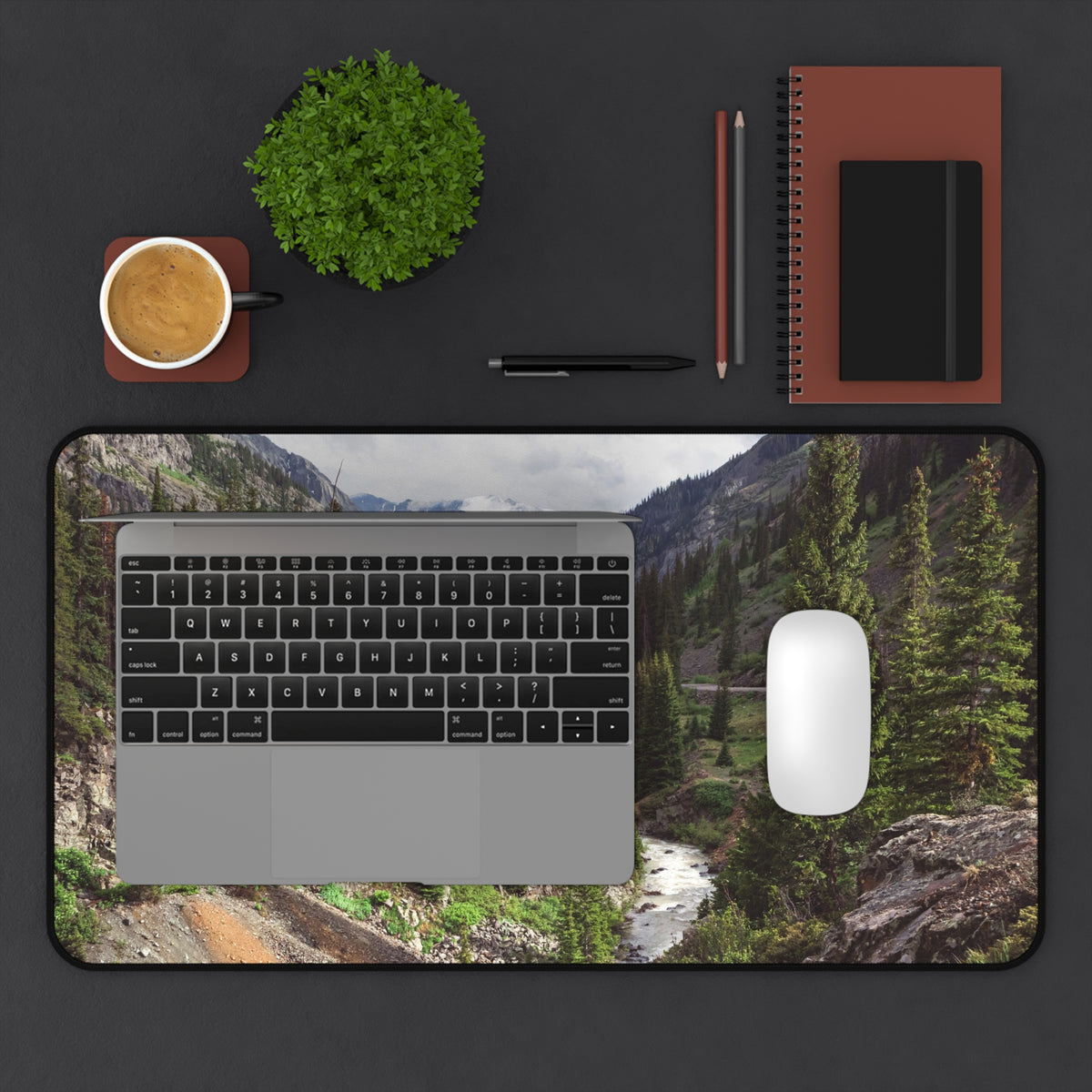 Mountain Canyon Desk Mat, Rushing River Pine Forest Gaming Mouse Pad, Desk mat for standing desk