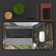 Mountain Canyon Desk Mat, Rushing River Pine Forest Gaming Mouse Pad, Desk mat for standing desk