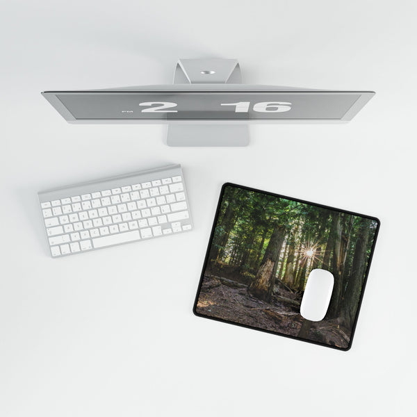 Cedar Forest Sunrise Desk Mat — Large Scenic Mouse Pad for Office & Gaming