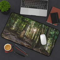 Cedar Forest Desk Mat - Sunlit Woods Gaming Mouse Pad - Extended Nature Keyboard Mat - Scenic Tree Workspace Decor