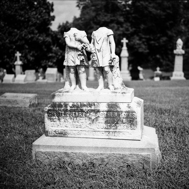 Headless Twins Headstone Photograph, Gothic Cemetery Art Print