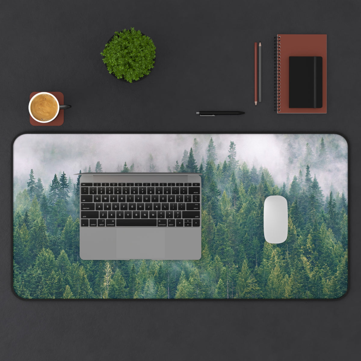 Foggy Forest Desk Mat - North Idaho Pine Woods Mouse Pad - Extended Nature Keyboard Mat - Misty Tree Workspace Decor