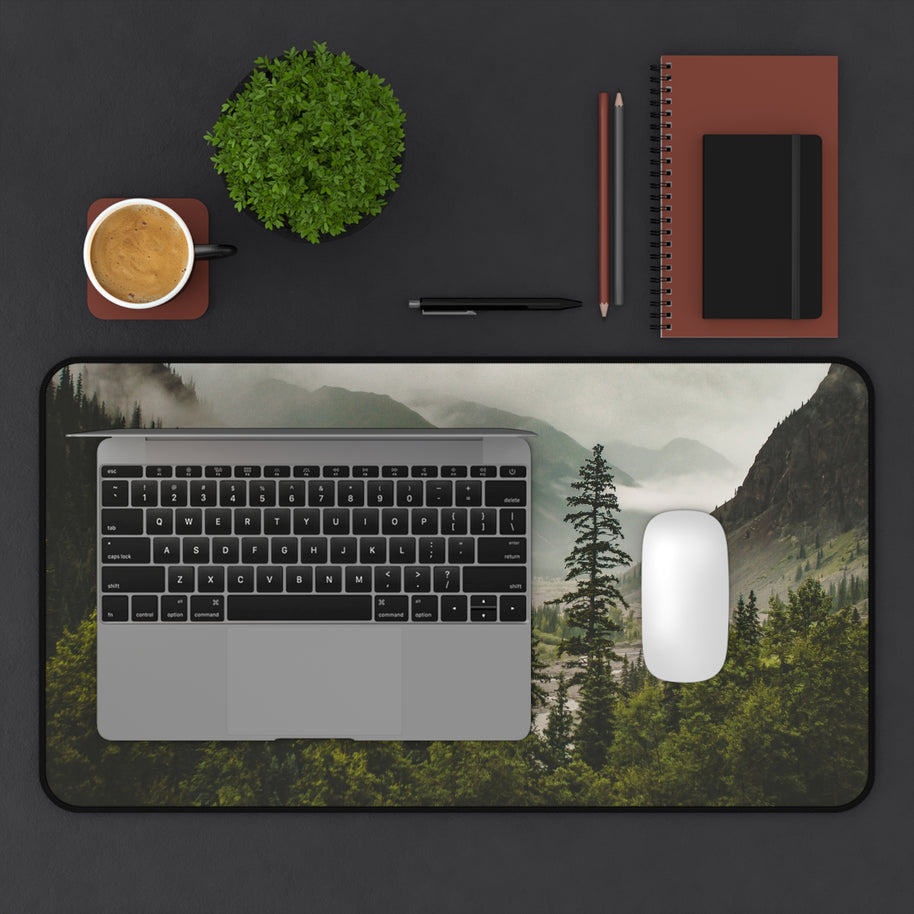 Mountain Valley Desk Mat - Foggy Pine Forest Mouse Pad - Standing Desk Nature Keyboard Mat