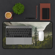 Mountain Valley Desk Mat - Foggy Pine Forest Mouse Pad - Standing Desk Nature Keyboard Mat