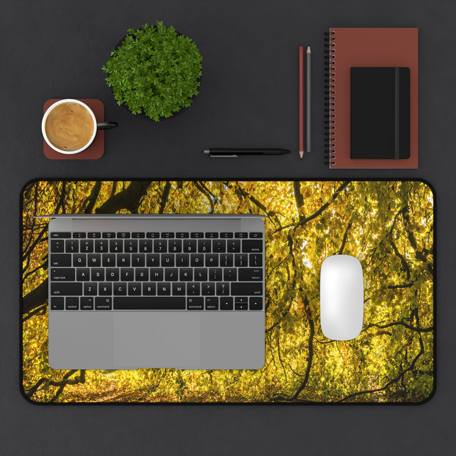 Golden Autumn Forest Desk Mat, Sunlit Tree Canopy Gaming Mouse Pad, Extended Nature Keyboard Pad Scenic Workspace Decor