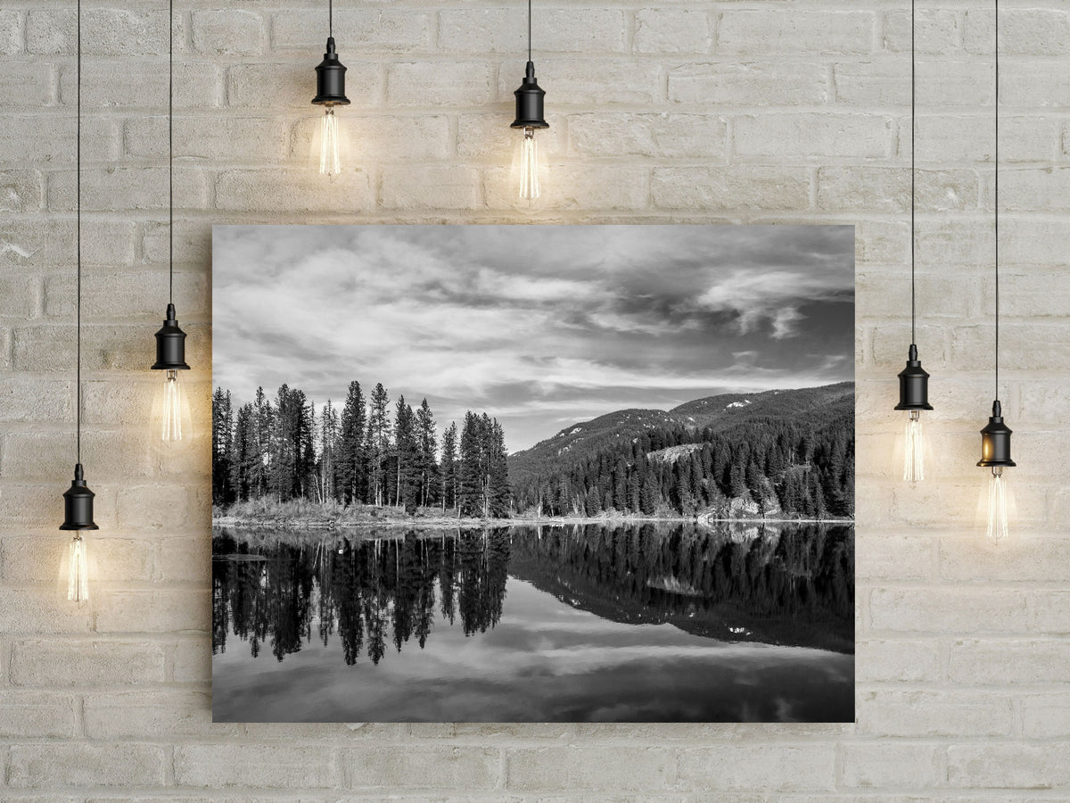 Skookum Lake Idaho Photography, Black and White Forest Reflection Art