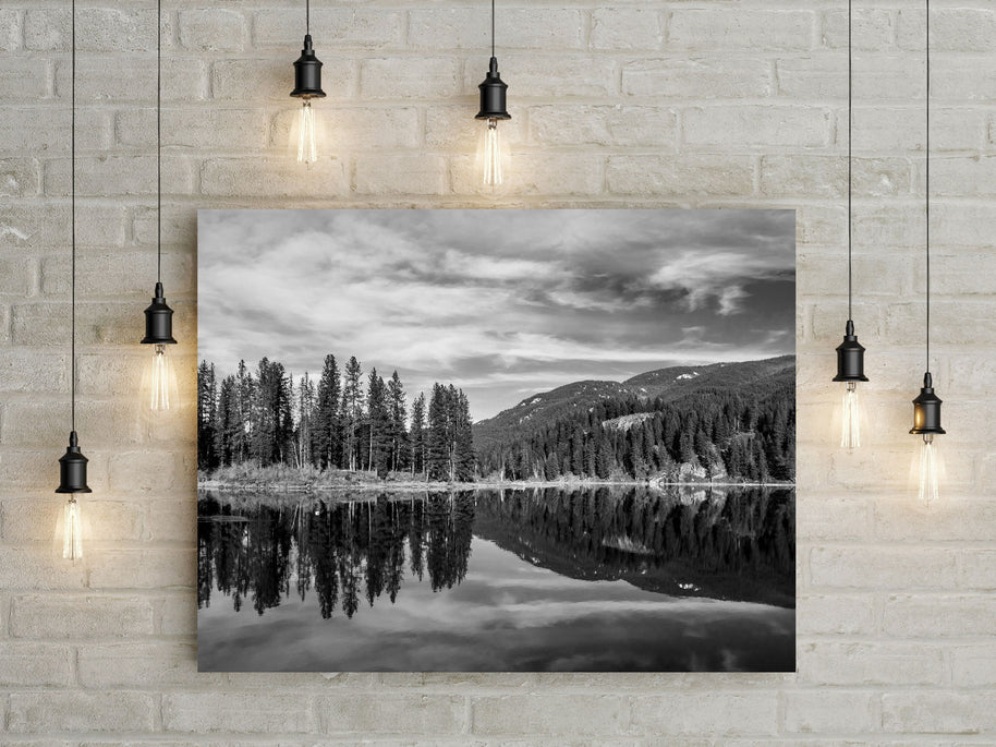Skookum Lake Idaho Photography, Black and White Forest Reflection Art