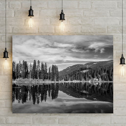 Skookum Lake Idaho Photography, Black and White Forest Reflection Art