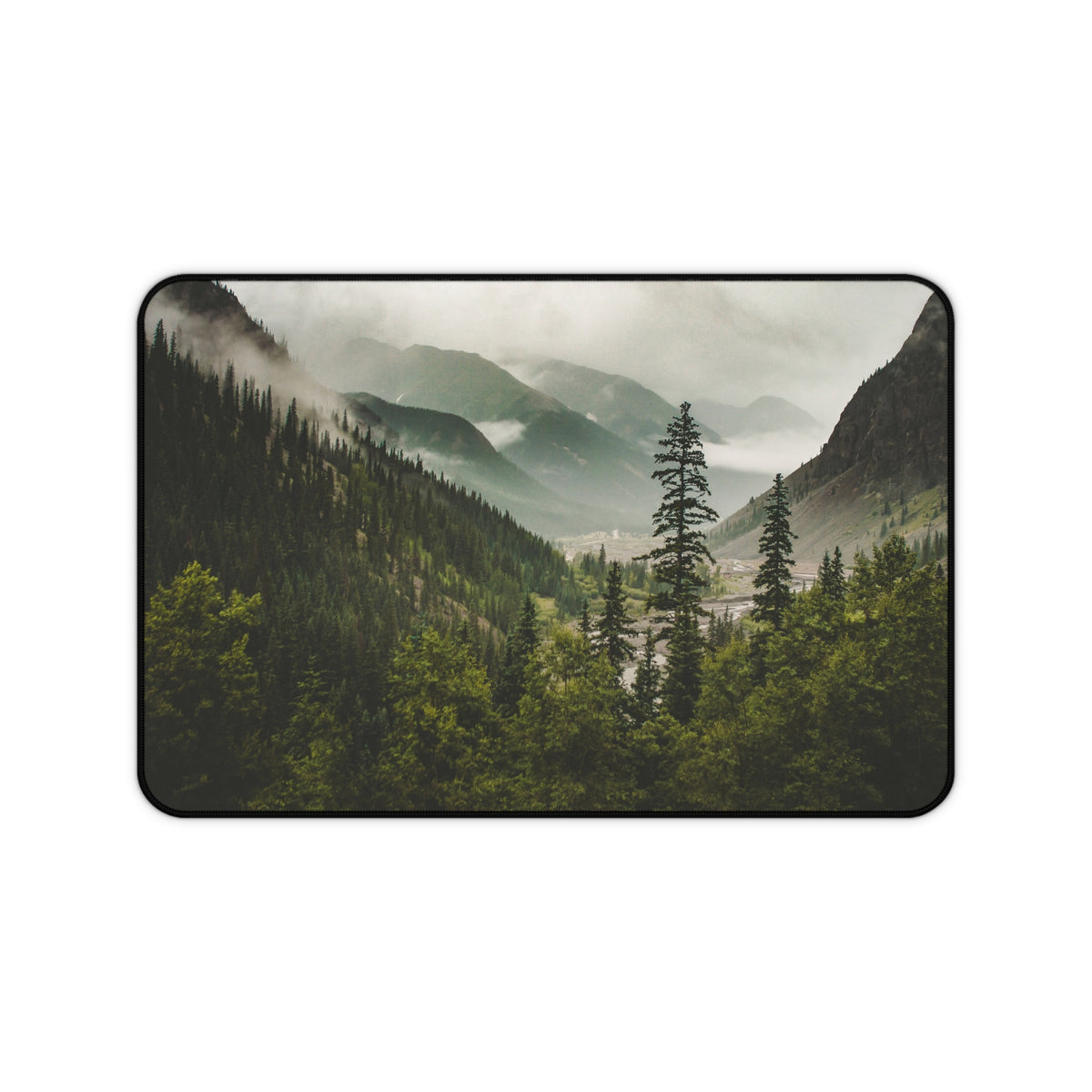 Mountain Valley Desk Mat - Foggy Pine Forest Mouse Pad - Standing Desk Nature Keyboard Mat