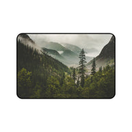 Mountain Valley Desk Mat - Foggy Pine Forest Mouse Pad - Standing Desk Nature Keyboard Mat