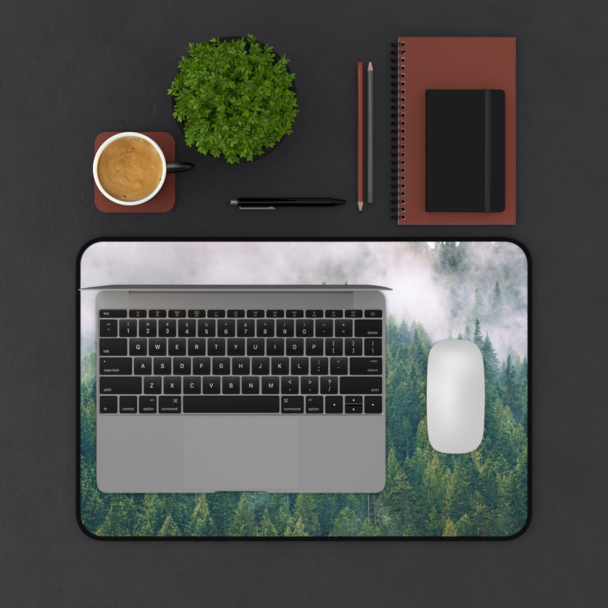 Foggy Forest Desk Mat - North Idaho Pine Woods Mouse Pad - Extended Nature Keyboard Mat - Misty Tree Workspace Decor