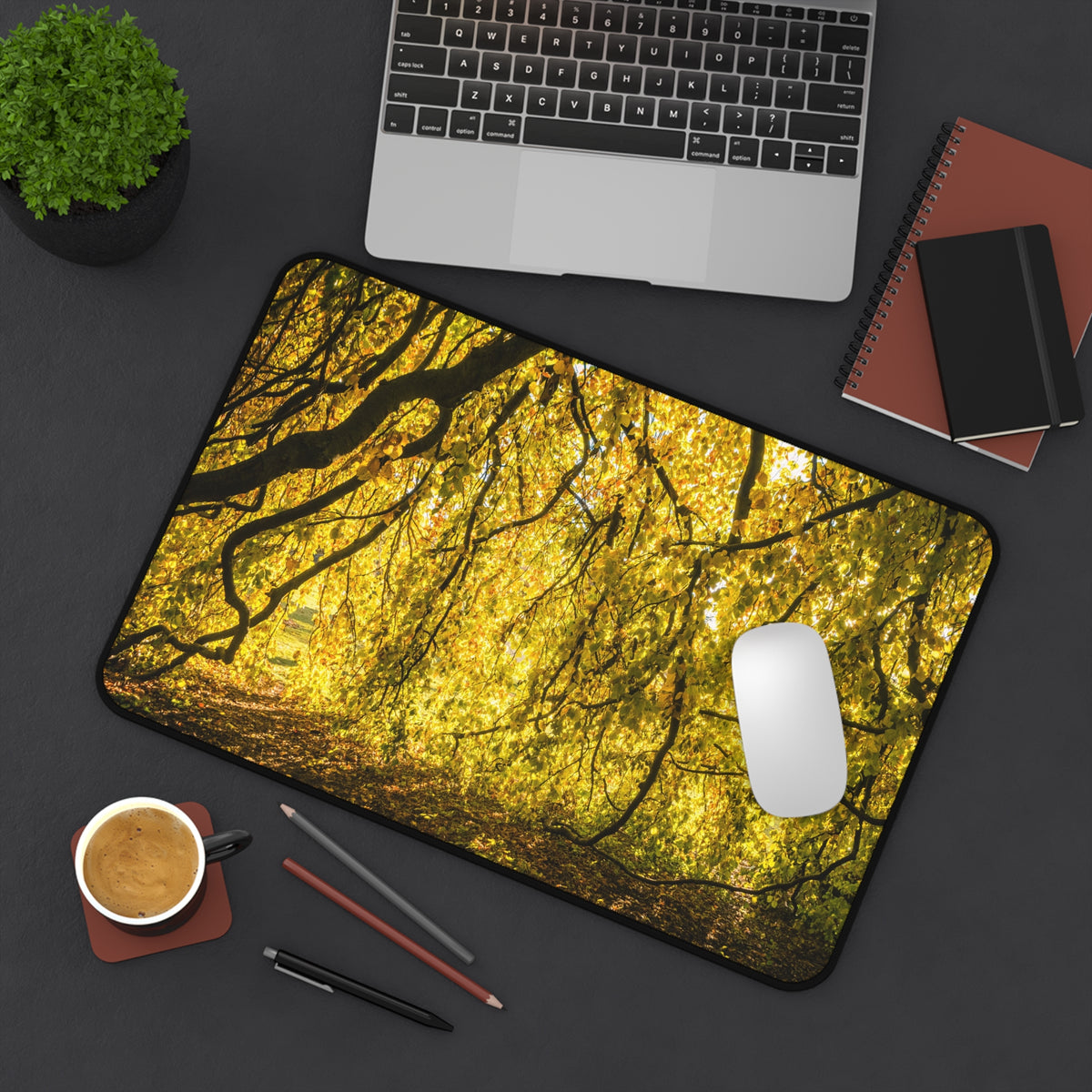 Golden Autumn Forest Desk Mat, Sunlit Tree Canopy Gaming Mouse Pad, Extended Nature Keyboard Pad Scenic Workspace Decor