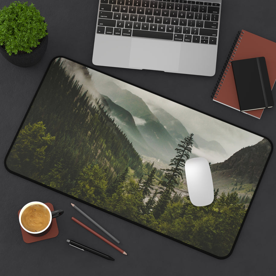 Mountain Valley Desk Mat - Foggy Pine Forest Mouse Pad - Standing Desk Nature Keyboard Mat