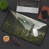 Mountain Valley Desk Mat - Foggy Pine Forest Mouse Pad - Standing Desk Nature Keyboard Mat