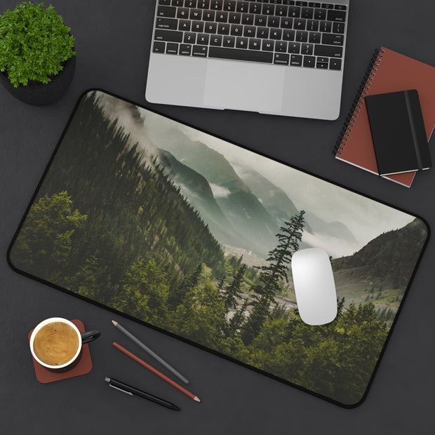 Mountain Valley Desk Mat - Foggy Pine Forest Mouse Pad - Standing Desk Nature Keyboard Mat