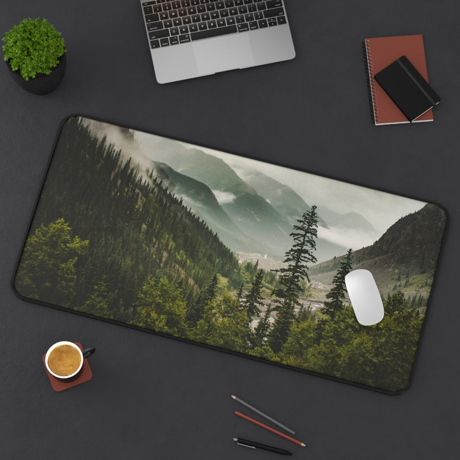 Mountain Valley Desk Mat - Foggy Pine Forest Mouse Pad - Standing Desk Nature Keyboard Mat