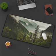 Mountain Valley Desk Mat - Foggy Pine Forest Mouse Pad - Standing Desk Nature Keyboard Mat