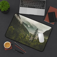 Mountain Valley Desk Mat - Foggy Pine Forest Mouse Pad - Standing Desk Nature Keyboard Mat