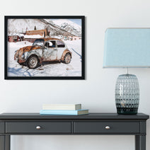 Winter Wonderland Beauty: Scenic Photo of Vintage Beetle in a Quaint Snowy Mountain Village